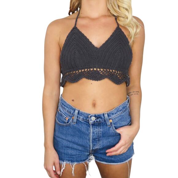 Urban Taylor & Sage  Gray Crochet Bralette Top Medium Knit Halter Crunchy - Picture 2 of 6